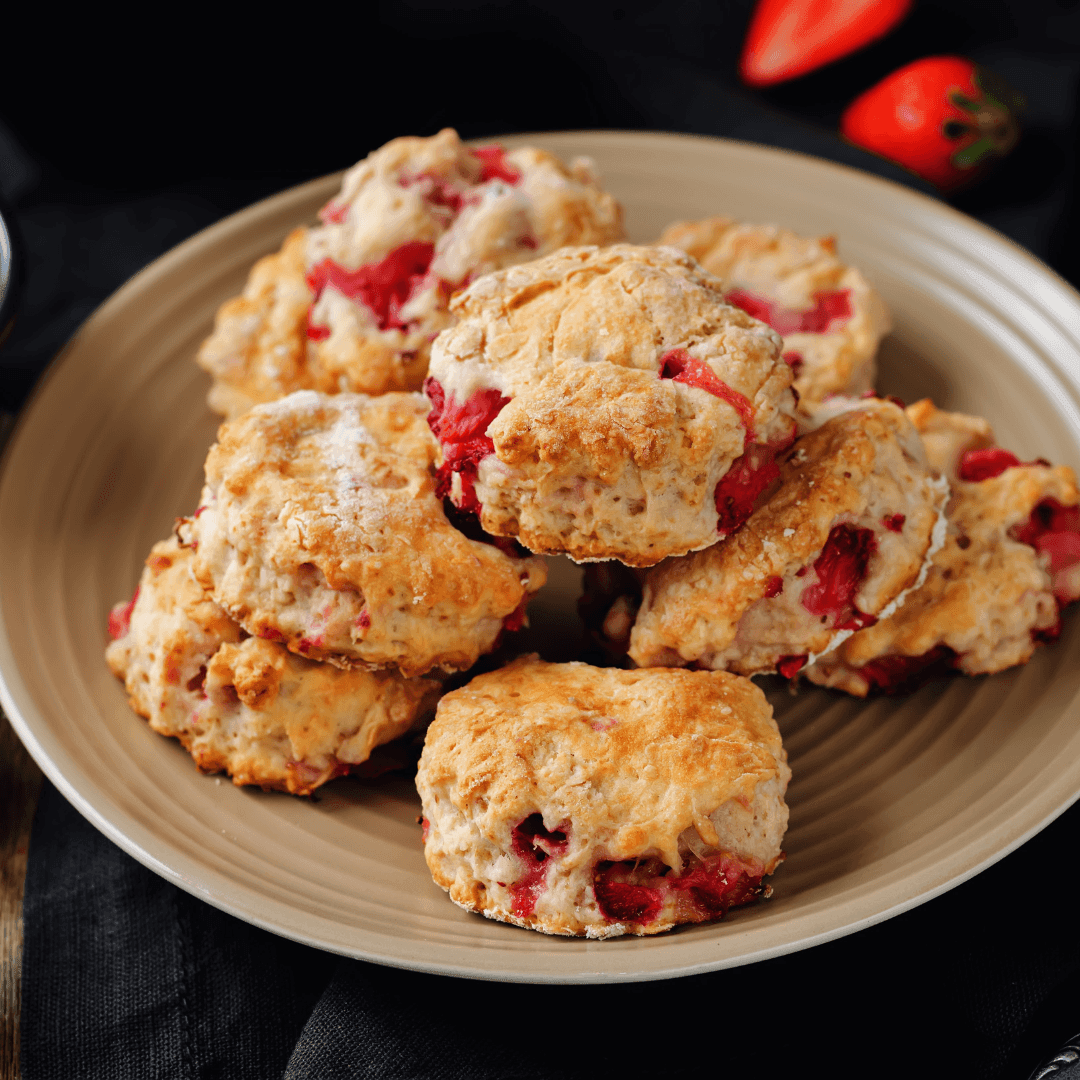 Plate of strawberry scones with golden-brown crusts, garnished with fresh strawberries.