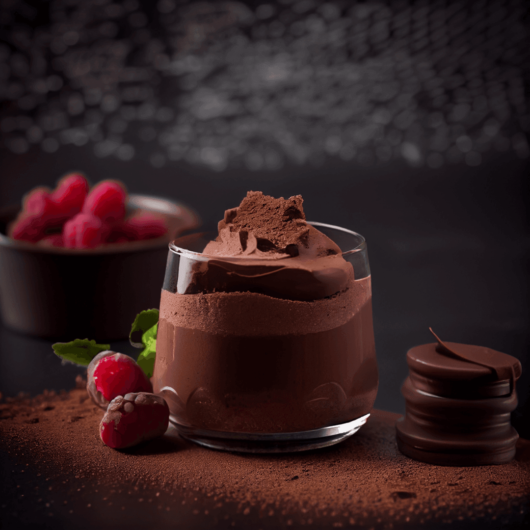 Rich chocolate mousse in a glass with raspberries and chocolate cookies on a dark background.