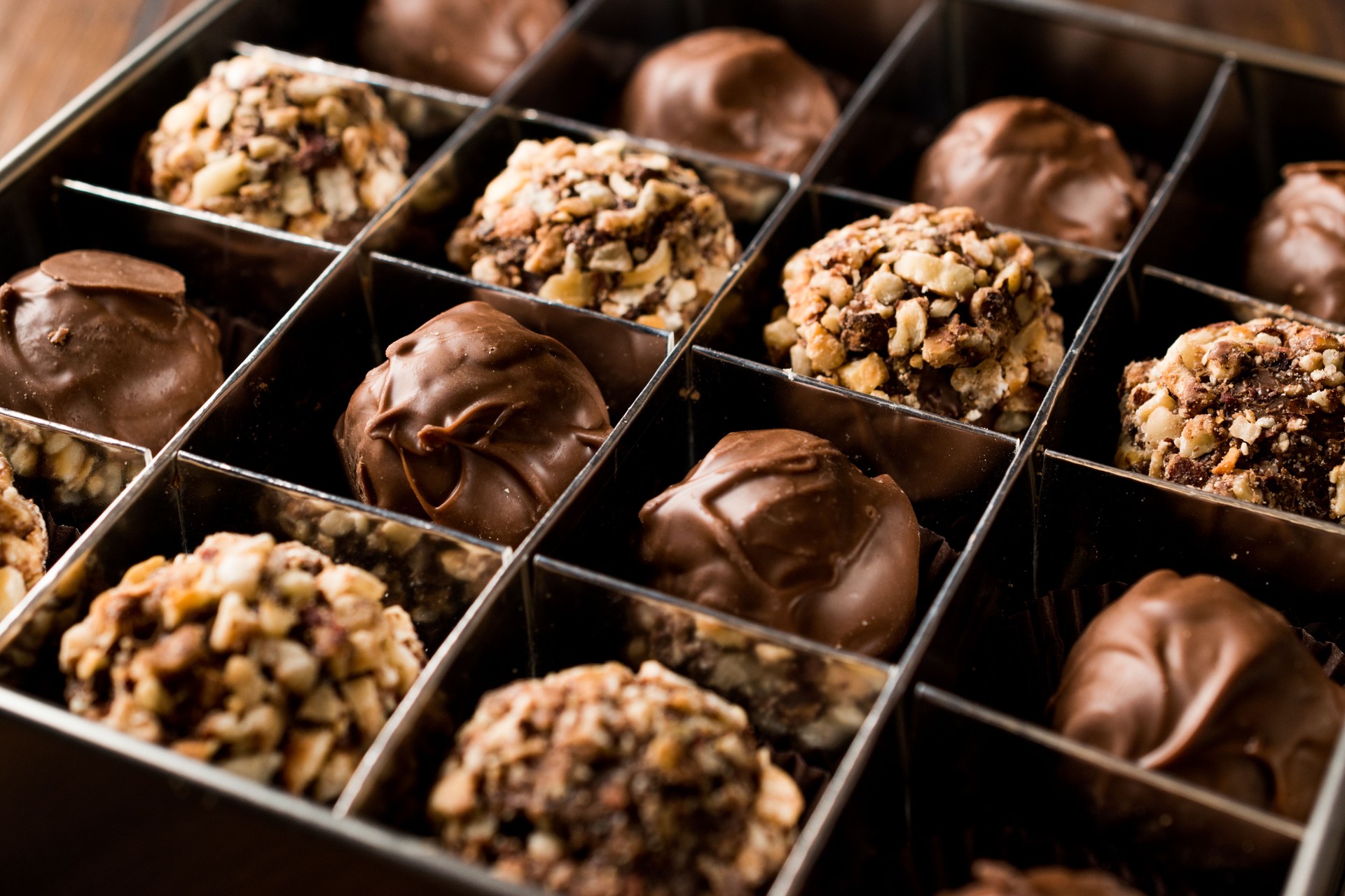 Box of Chocolate Pralines with Hazelnuts.